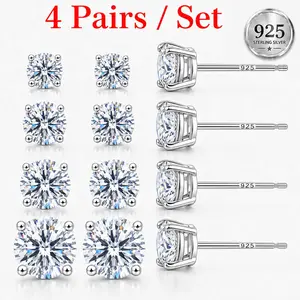 4 Pairs Stud Earrings Set for Men Women, Plated Four-Prong Round Cubic Zirconia Stud Earrings, S925 Sterling Silver/Copper CZ Studs, Sparkly Everyday Jewelry Gift, Wedding Anniversary Engagement Birthday Mother’s Day Christmas Gift