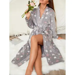 Women's star printed nightgown, thickened robe, autumn and winter velvet warm home clothes, casual and elegant vacation pajamas for going out