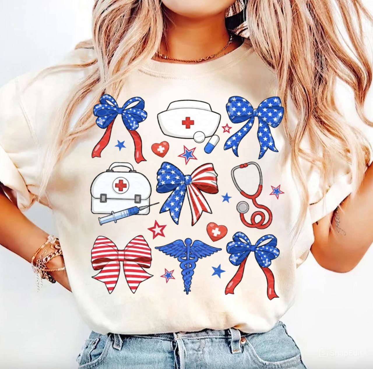 Nurse 4th of July Coquette T-Shirt, Nurse America Bow Tee, 4th of July Gifts, Nurse Shirt, Nursing Shirt, Patriotic Nurse Gifts, Independence Day Tee