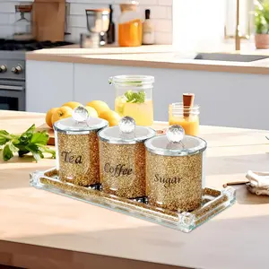 Coffee Sugar Tea Crystal Canister Set of 4,Sparkly Crystal Crushed Diamonds Home Decor,Silver Kitchen Coffee Jar Storage Set with Label & Lid,Storage Container Set for Countertop,Dining Room