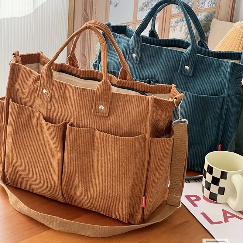 Casual Corduroy Tote Bag for Women, a Striped Artistic Commuter Bag with Multiple Pockets and Crossbody Strap, Casual Commuter Bag