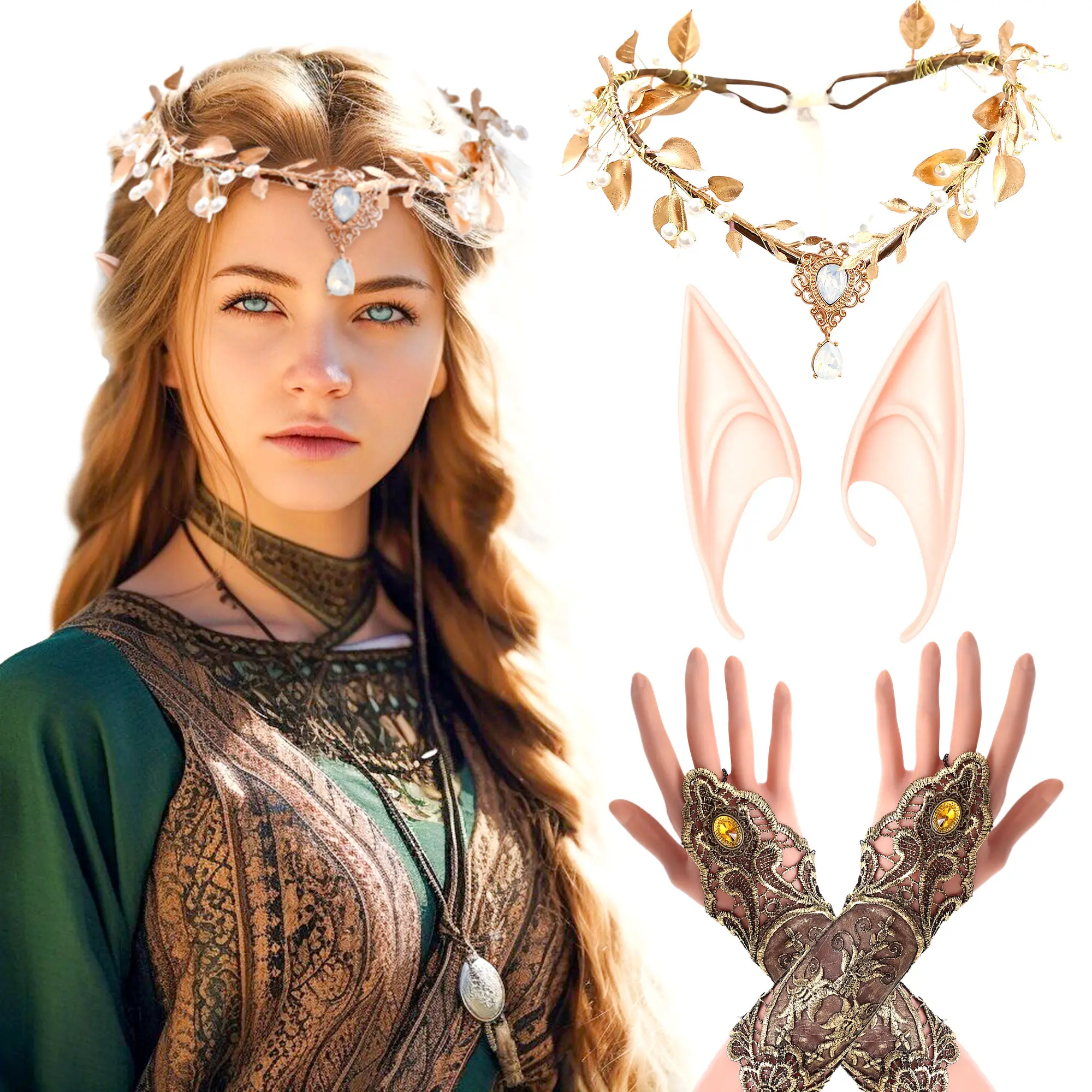 Gold Renaissance Elf Headpiece - Crown Tiara, Fairy Party Accessory with Elf Ears for Festive Events