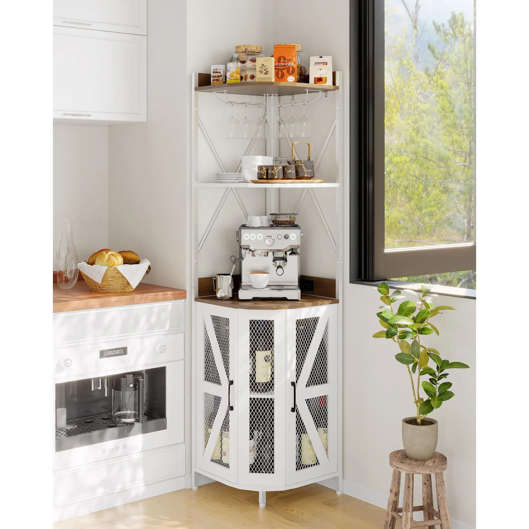 Garvee 72in Corner Wine Cabinet with Power Outlet, LED Strip, Glass Holder, 5-Tier Industrial Liquor Bar Cabinet for Home, Small Spaces, Display with 12 Color Options and Mesh Door
