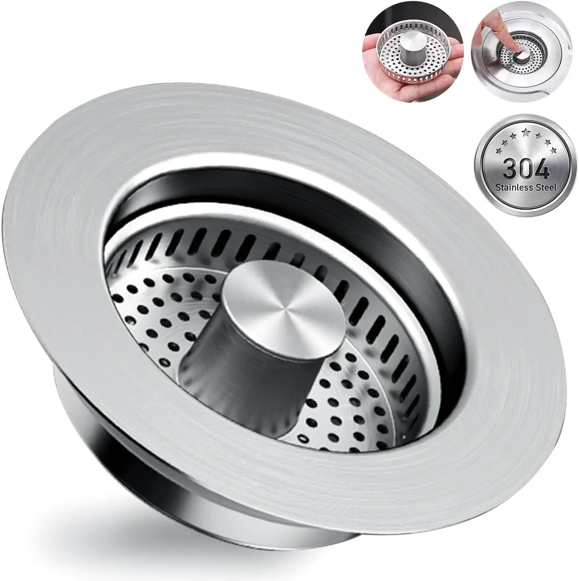 2PCS 3 in 1 Kitchen Sink Drain Strainer [304 Stainless Steel Pop Up] Anti-Clogging Kitchen Sink Drain Stopper Stainless Steel Efficiently Drainage Odor Filter Sink Plug for Us Standard 3-1/2 Inch