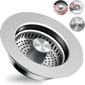 3 in 1 Kitchen Sink Drain Strainer [304 Stainless Steel Pop Up] Anti-Clogging Kitchen Sink Drain Stopper Stainless Steel Efficiently Drainage Odor Filter Sink Plug for Us Standard 3-1/2 Inch