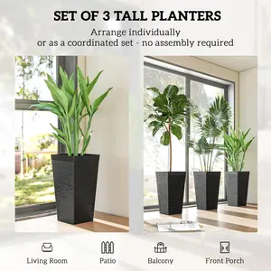 Set of three flexible outdoor planters 5point3 gallon capacity movable smooth wheel base indoor outdoor use with drainage control plug