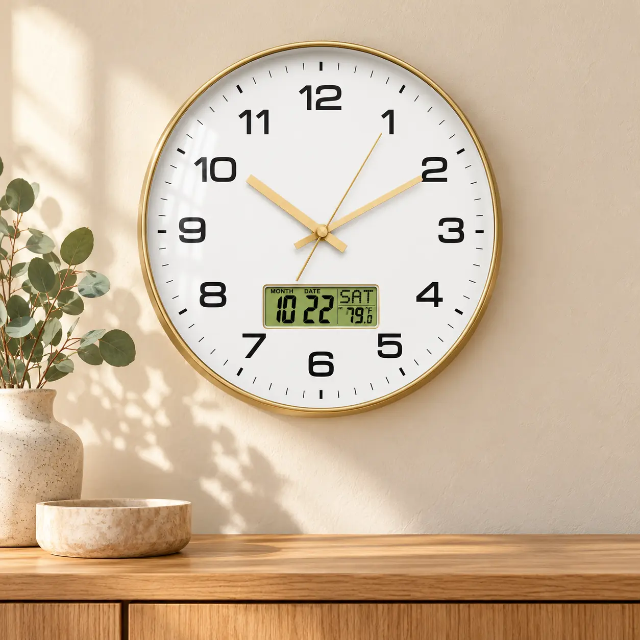 10" 12" 14" Large Modern Gold Wall Clock with LCD Calendar & Temp, Silent Battery Operated Non-Ticking Analog Clock with Date Day Temperature Display for Living Room, Bedroom, Kitchen, Office Decor, Luxury Brushed Gold Frame with HD Glass Lens