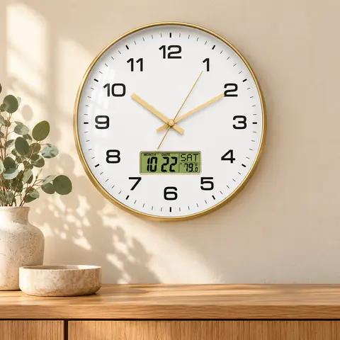10" 12" 14" Large Modern Gold Wall Clock with LCD Calendar & Temp, Silent Battery Operated Non-Ticking Analog Clock with Date Day Temperature Display for Living Room, Bedroom, Kitchen, Office Decor, Luxury Brushed Gold Frame with HD Glass Lens