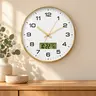 10" 12" 14" Large Modern Gold Wall Clock with LCD Calendar & Temp, Silent Battery Operated Non-Ticking Analog Clock with Date Day Temperature Display for Living Room, Bedroom, Kitchen, Office Decor, Luxury Brushed Gold Frame with HD Glass Lens