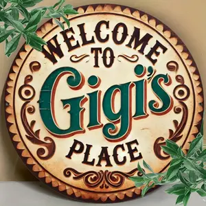 Welcome To Gigi's Place Letter Pattern Vintage Rustic Farmhouse Design Metal Sign, Round Wall Decor for Home Kitchen Cafe Bar Garden, Perfect Gift Idea