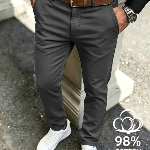 Soft and natural 98% cotton 2 spandex pants, classic waistband loop and side sliding pockets, wrinkle resistant lightweight fabric, streamlined straight leg contour, multifunctional daily underwear, suitable for business and casual men's fashion styling