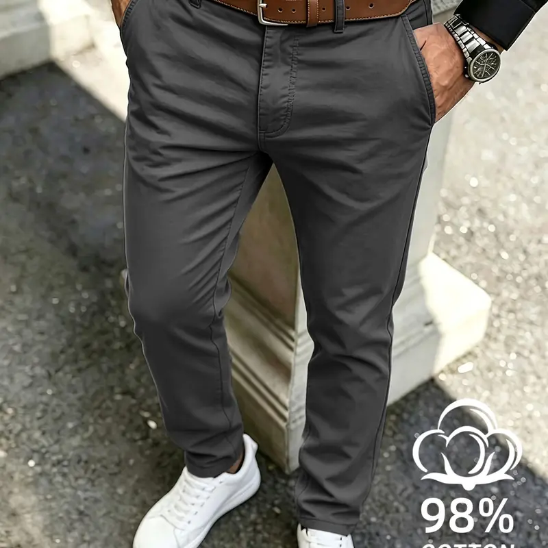 Soft and natural 98% cotton 2 spandex pants, classic waistband loop and side sliding pockets, wrinkle resistant lightweight fabric, streamlined straight leg contour, multifunctional daily underwear, suitable for business and casual men's fashion styling