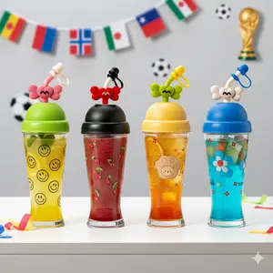 Kids & Students Cartoon Water Cup Creative Cute Plastic Mug with Straw Portable Compact Reusable Tumbler High Aesthetic Yellow Black Green Blue Drinkware Washable Bottled