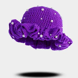 Handmade Crochet Hat for Women Autumn Winter Ruffled Edge Purple Wool Yarn Knitted Fisherman Hat Sun Protection Neck Guard Warmth Windproof Sunshade Anti-Drop Functionality