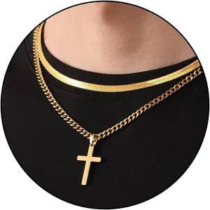 Cross Necklace for Men Boys, Stainless Steel Layered Cuban Link Herringbone Chain Cross Pendant Christian Fashion Jewelry Gifts 16-24 Inches Zocomi