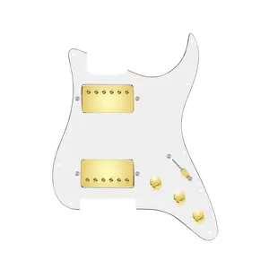 920D Custom Hipster Heaven HH Loaded Pickguard for Strat With Gold Roughneck Humbuckers, White Pickguard, and S5W-HH Wiring Harness