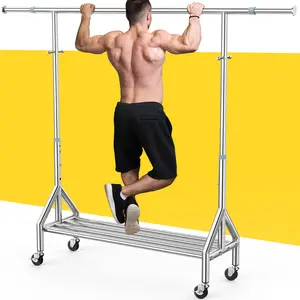 Multi-Functional Heavy-Duty Freestanding Clothes Rack Doubles as Pull-Up Bar Thickened Steel Tube Swivel Wheels 2-in-1 for Hanging Clothes & Working Out Large Capacity Space-Saving