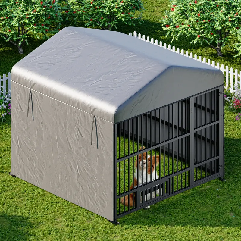 HOOBRO Outdoor Dog Kennel with Cover, 6.6 x 6.6 x 6.4 ft Dog Kennel Outside with Waterproof Roof and Rotating Feeding Bowls, Heavy-Duty Large Cage Enclosure, Dog Playpen Fence, Black,familyfun