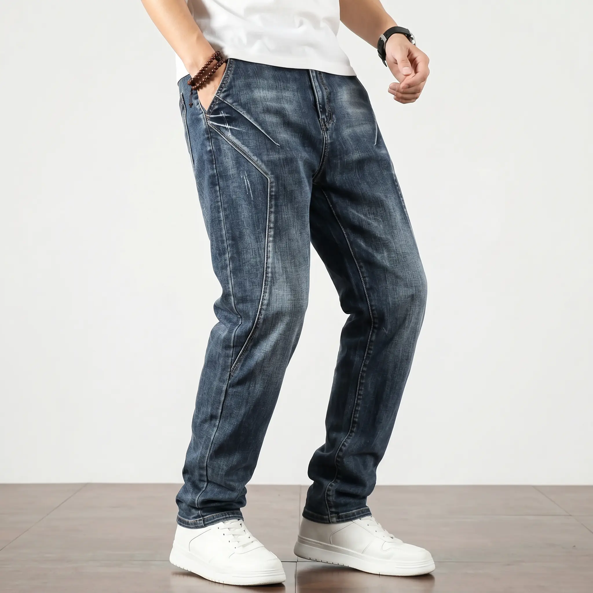 Men's Straight Jeans with a Geometric Paneled Design, Relaxed Fit Heavyweight Cotton Denim with Contrast Stitching for Streetwear, Menswear, Basic, Pocket, Tee, Hoodie, Sneakers, Chic, Natural