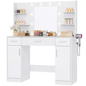 White Vanity Desk with Lighted Mirror & Power Outlet, Makeup Vanity with 3 Drawers, 4 Shelves, Cabinet & Hair Dryer Holder for Bedroom Girls