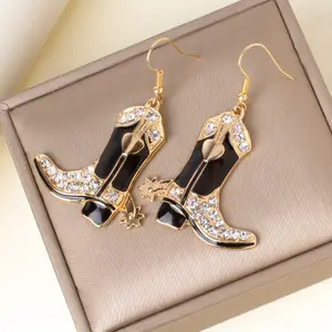 Punk Cowboy Earrings 14K Gold-Plated Black Enamel with Rhinestones Western Boot Design Stainless Steel Hooks for Halloween Parties & Music Festivals
