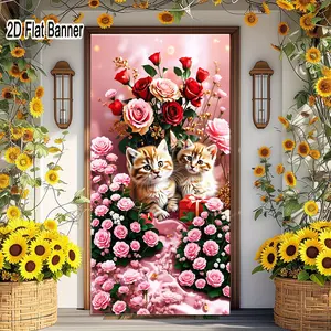 2D flat banner, 1pcCute Fluffy Kittens Floral Backdrop, Pink Red Roses & Gift Box Romantic Scene Decor for Photo Booth Birthday Party Suppliesgalentines party decor, valentine day decor, decorations for valentines day