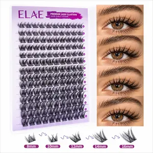 ELAE DIY Cluster Lashes 140pcs 14 Rows Premium Synthetic Fiber 8-16mm Mixed Length Wispy Volume 3D Natural D Curl Reusable Soft Black Band Eyeliner Effect Individual Lash Extensions for Women Salon Quality at Home (No Glue)