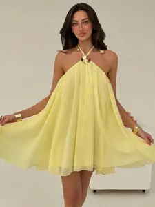 OLIVIA Women's Solid Color Metal Decor Backless Sexy Halter Mini Dress, Vacation Summer Summer Outfits Summer Clothes Beach Outfits For Woman Beach Vacation Vacation Outfits Woman Boho Tropical Vacation Woman Clothe Creamy Yellow Halter Neck A-Line Silho