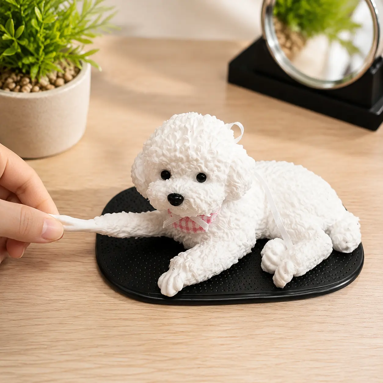 Realistic white resin small dog ornament, cute car decoration with a non-slip pad, an attractive vehicle interior accessory, an ideal gift for dog lovers, home desktop decor, stress-relief item for the office