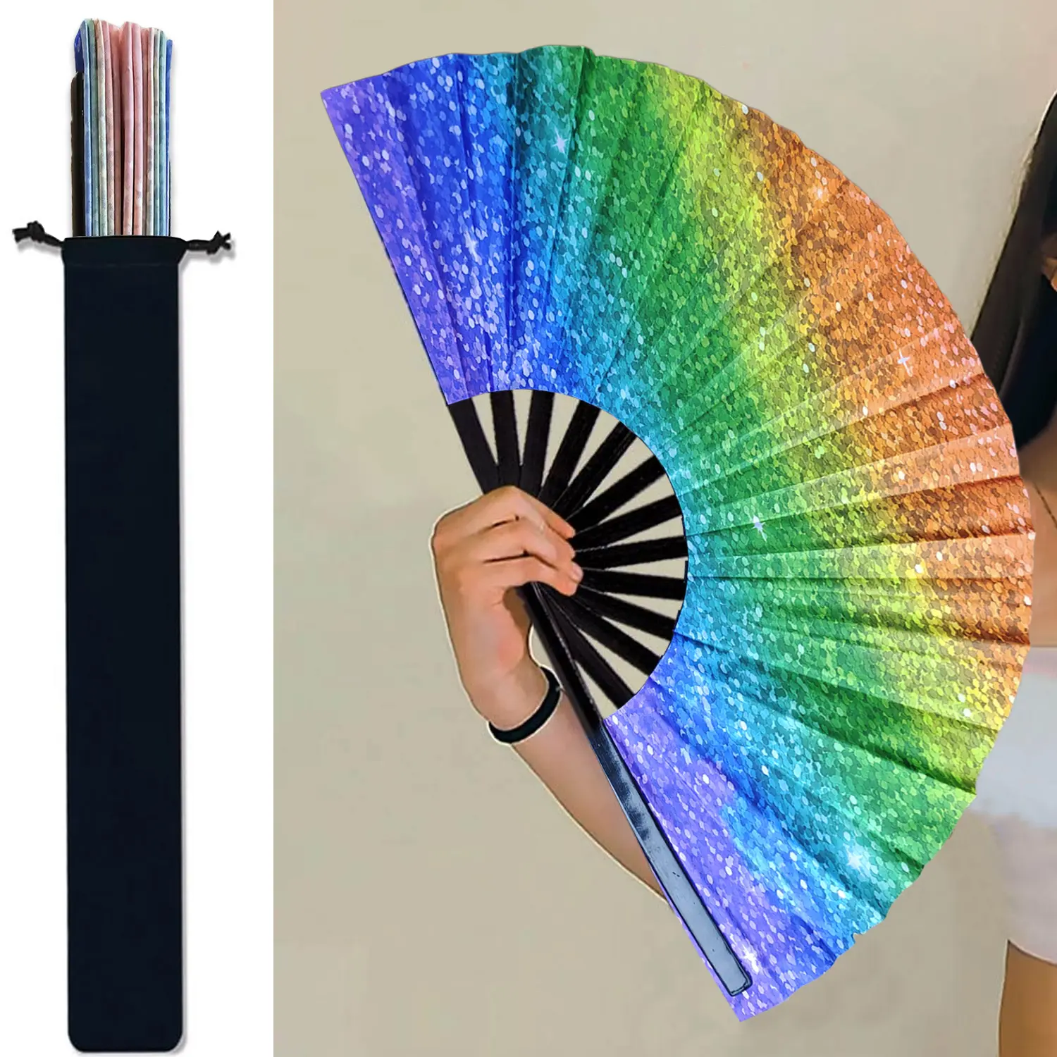Large Glitter Rainbow Folding Clack Fan with Storage Dust Bag, 13" UV Glow Hand Fan for Rave, Festival, Performance, Halloween Cosplay, Costume, Home Decor, One-Sided