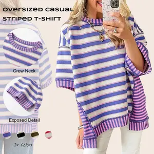 Summer women's fashion big-size round collar stripes color casual loose T-shirt