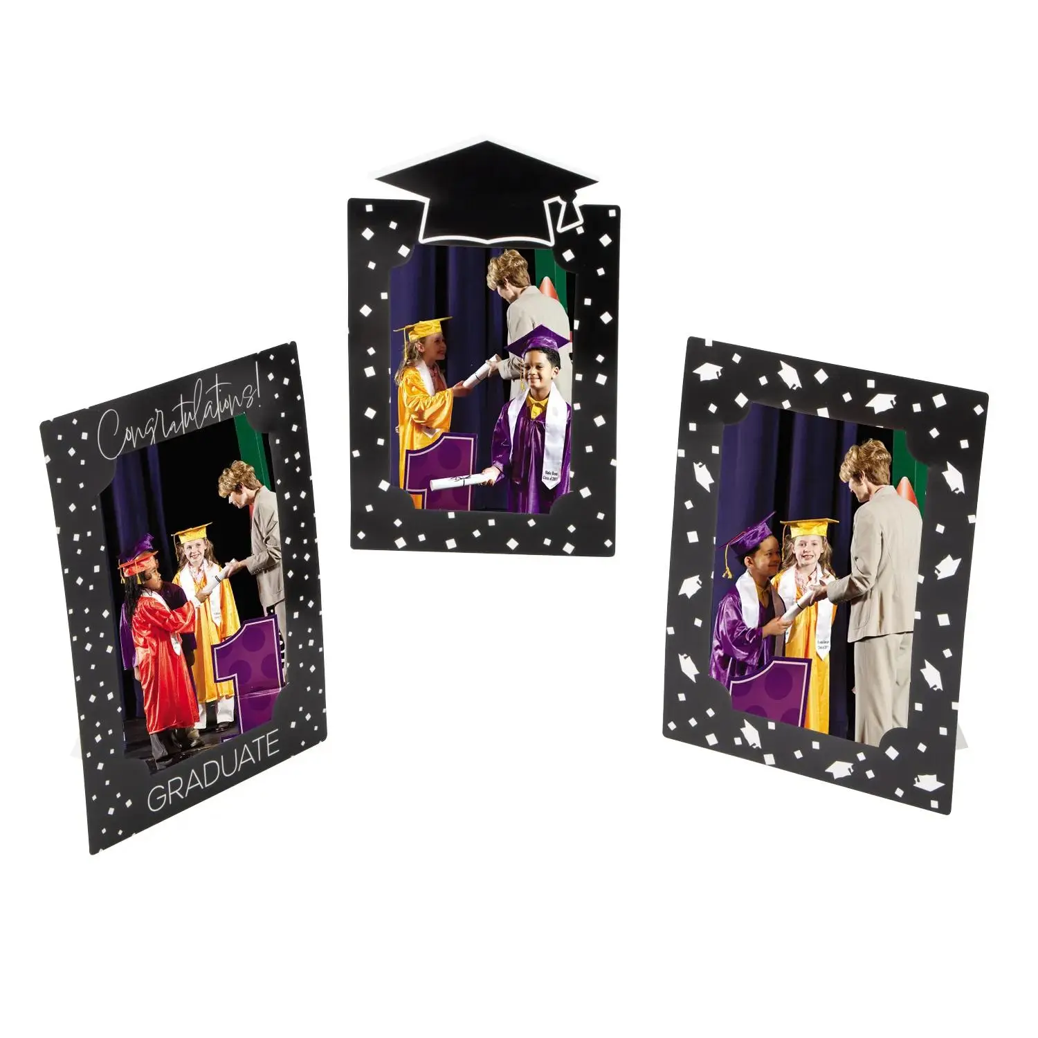 3-Piece Multicolor Graduation Picture Frame Set – 6"x8" to 9.5"x6.8" Sizes, Tabletop Home Decoration for Entryway Festive Displays, Elegant Photo Centerpieces & Gifts