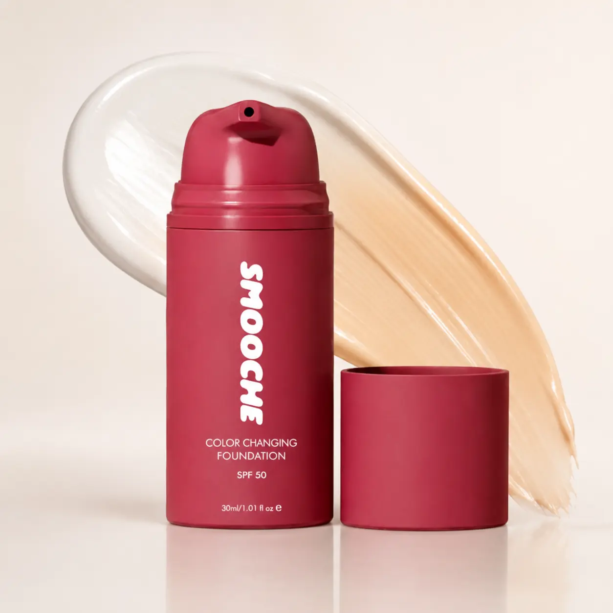 SMOOCHE Color-Changing Foundation (30ml) | Warm Honey Shade for Light-Medium to Medium Warm Skin Tones | Buildable Full Coverage | SPF 50 | Natural Matte Finish