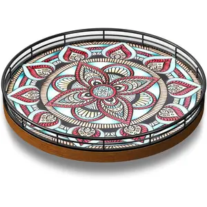 Oak Bohemia Lazy Susan 10.2" Turntable Organizer for Table Top with Ceramic 3D Boho Texture, Round Wooden Lazy Susan for Dining Table Decor, Kitchen, Countertop, Home Decor, Walnut Wood, Farmhouse