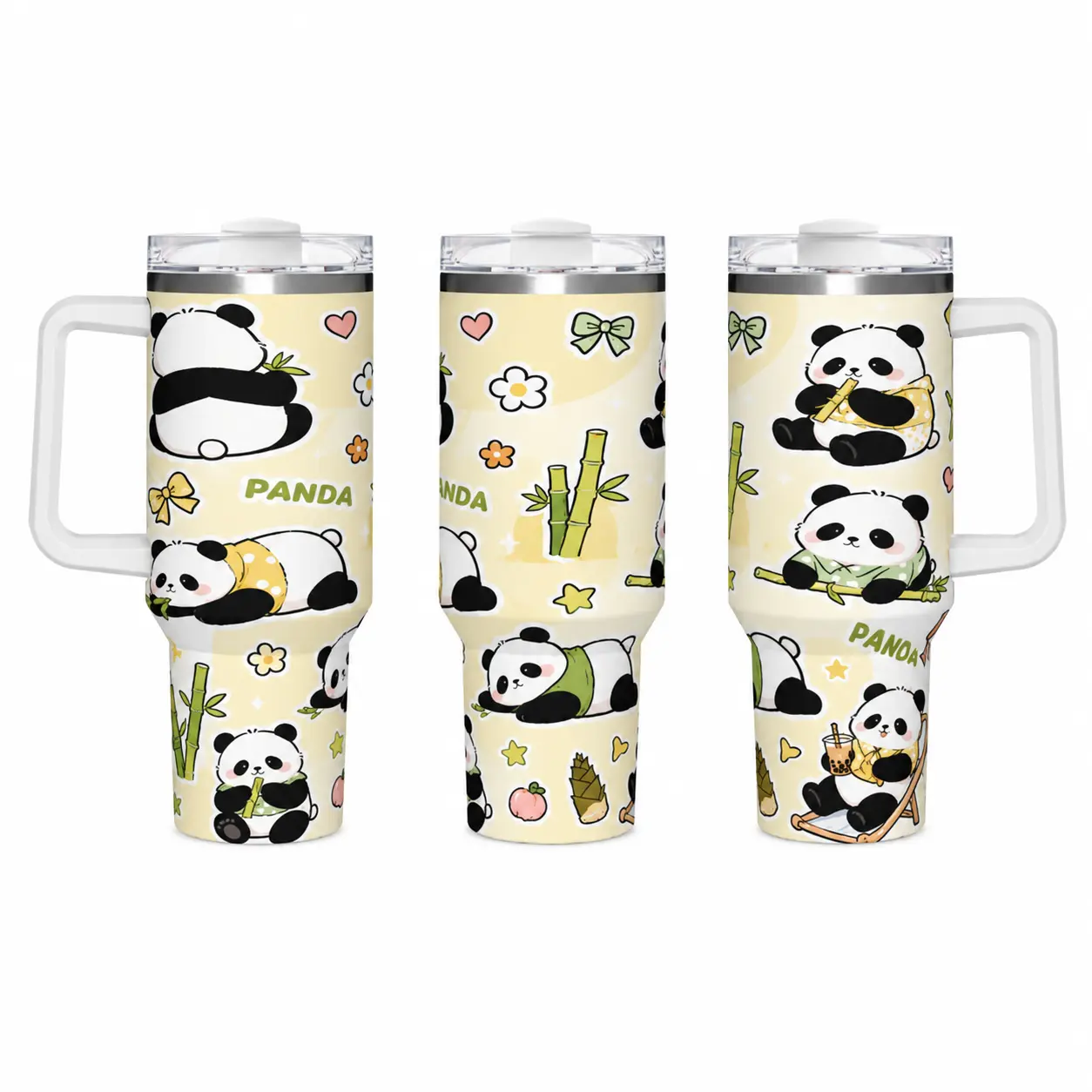 40oz Stainless Steel Insulated Tumbler Bottle - Stylish, Leakproof Double Wall, With Handle & Straw, Pale Yellow Base, Cute Multi-Pose Bamboo Panda Print With Bow Flower Heart Accents, For Panda Lovers Casual Daily Hydration