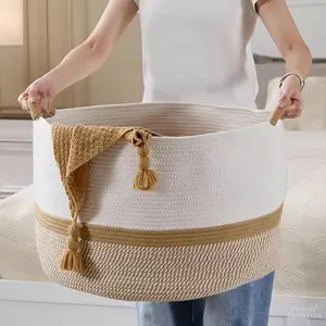 Large Capacity Thick Cotton Rope Laundry Basket 20x13 White Camel Blanket Basket Home Decor for Living Room Bedroom for Clothes Pillows Baby Toy Storage