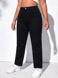 Women's Plus Size Straight Leg Jeans, High Elastic Comfort Denim, Casual Elegant Style, Mid Waist Slim Fit, All Seasons Wear, Pants