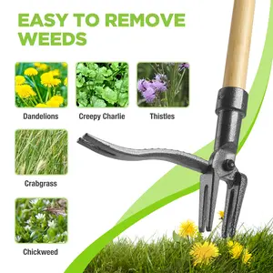 Tool with 44" Bamboo Handle, 4-Claw Head, Weeder with Foot Pedal for Dandelions, Thistles, Crabgrass, Easy Root Removal Without Bending or Kneeling
