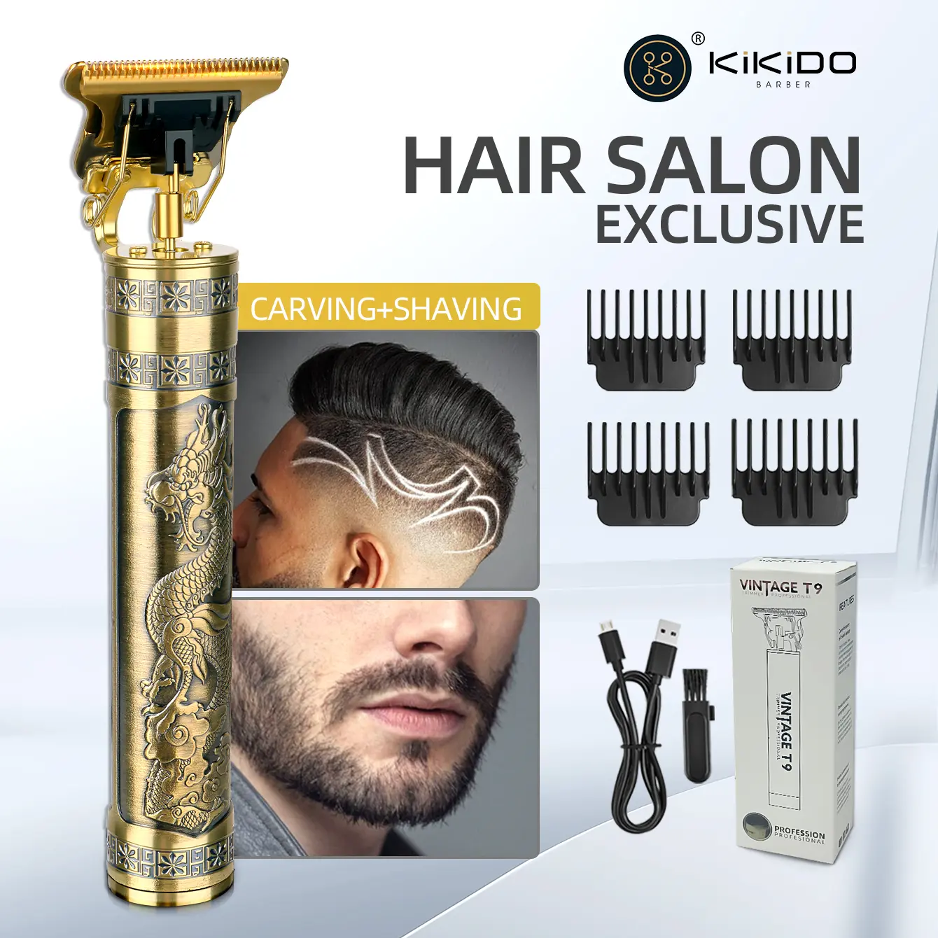 KiKiDO Vintage T9 Professional Cordless Hair & Beard Clipper Trimmer - Salon Exclusive for Carving, Shaving, Men's Fade Design, USB Plug Rechargeable Gold Dragon