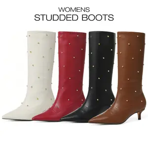 Womens Studded Boots Rhinestones Mid Calf Boot Pointed Toe Stiletto Kitten Heel Long Boots with Gold Ball Rivets Chic Faux Leather Tall Pull-On Dressy Work Casual Party Gifts Fashion Fall Spring Summer Shoes for Girls