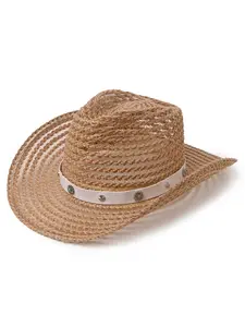 Unisex Breathable Straw Hat, Wide Brim Rivet Decoration Sun Hat, Vintage Western Style, Summer Beach Hat, Fashionable Buckle Decorative Straw Hat, Cowboy Style Hat