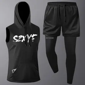 Men’s summer sports set featuring a hooded sleeveless tank top paired with compression shorts; double-layer design suitable for athletic training and gym workouts. The tank top includes pocket detailing, made from polyester fiber.#SummerVibes