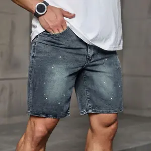 Men's Stretchy Splatter Paint Vintage Washed Denim Jorts Slim Straight Mid Rise Casual Streetwear Summer Knee Length Shorts