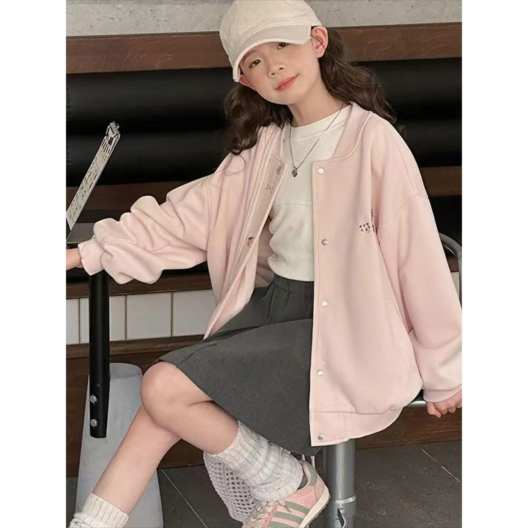 Girls Baseball Jacket 2025 New Arrivals, Pink Button Snap Front Relaxed Fit Coat, Casual Patch Pocket Spring Outerwear for Toddler Teen