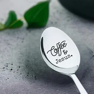 Coffee & Jesus Pattern Stainless Steel Spoon, Creative Long Handle Coffee Spoon, Religious & Spiritual Gifts for Pastors, Coffee Lovers, Parents, Korean Spoon