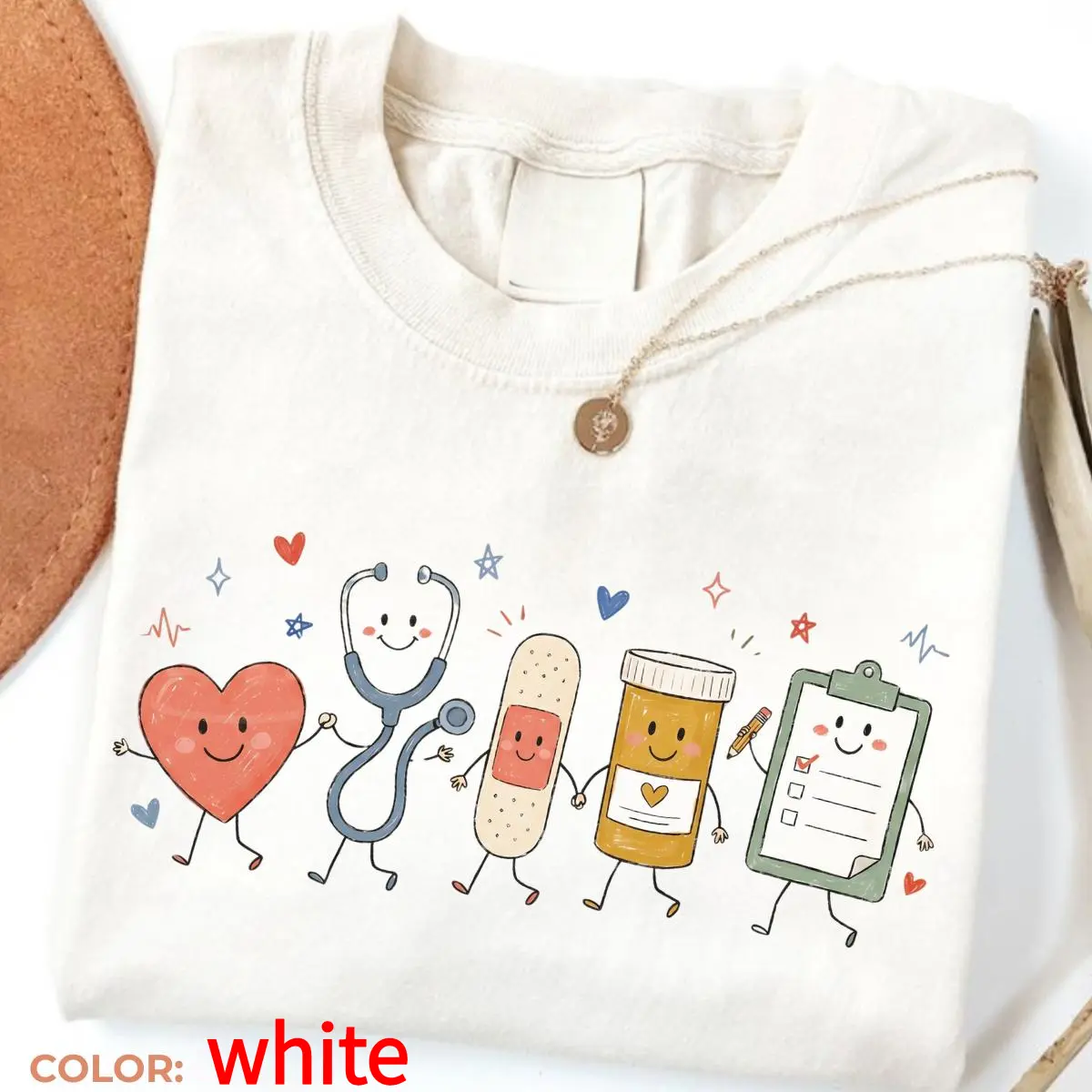 white Colors Nurse Doodle Colorful Nurse Shirt, Cute Nurse Characters Graphic Tee, Heart Stethoscope  T-Shirt, Nurse Life Gift