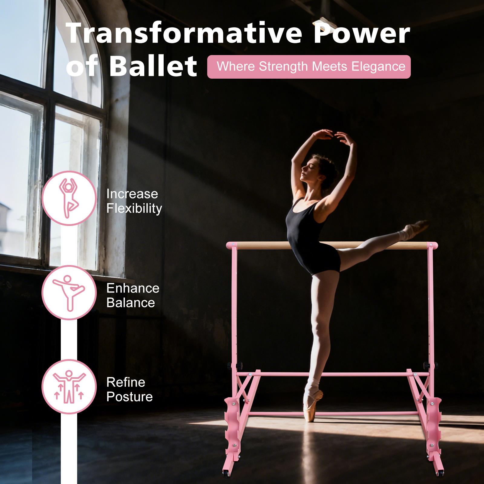 [Fahuac] Professional Ballet Barre for Home - Adjustable 32"-38" Height Solid Wood Dance Barre with Triangle Structure, Rolling Wheels, 2 Weight Racks, Portable Ballet Bar for Pilates, Stretching & Dance Training.