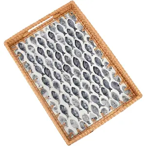 Rectangle Rattan Tray with Mother of Pearl Inlay, Rattan Serving Tray with Handle for Coffee, Bread, Fruits, Snacks, Decorative Wicker Tray for Table Decor (Rectangle Black Fish, 13"×9")