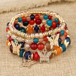 Boho Stvle Butterfly Charm Beaded Bracelet BundlesKit,Unisex Couple 4pcs 2025 Trendy Stack Bracelet Elegant Matching Jewelry for Girls Gift, Female Classic Fashion Accessories for Daily Vacation Beach Travel Wear