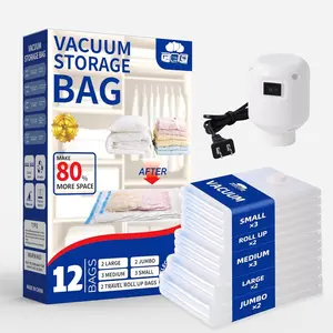 Vacuum Storage Bags with Electric Pump, 12 Pack Space Saver (2 ,2 Large,3 Medium,3 Small,2 Roll-Up) for Clothes, Bedding,  & Travel, Heavy Duty PA+PE Vacuum Seal Bags